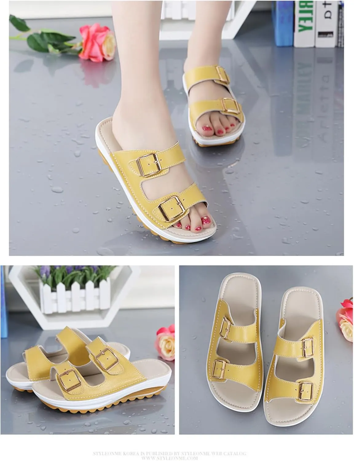 Women'S Leather Buckle Platform Sandals Breathable Round Open Toe Lug Sole Non-Slip Slip-On Walking Sandals Suitable For Beach Walks