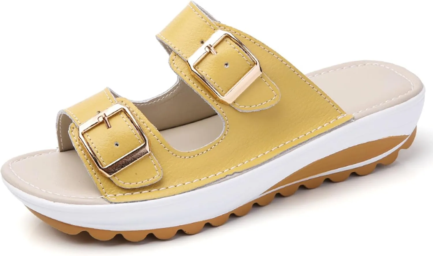 Women'S Leather Buckle Platform Sandals Breathable Round Open Toe Lug Sole Non-Slip Slip-On Walking Sandals Suitable For Beach Walks