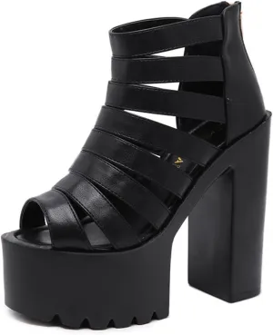 Women'S Leather Platform High Heel Gladiator Sandals Summer Fish Mouth Round Toe Back Zipper Mid Block Heel Rome Sandals For Party Beach