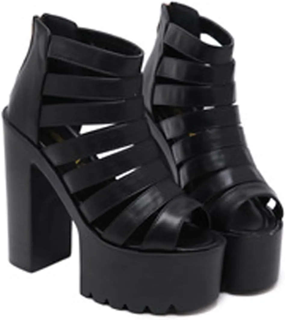Women'S Leather Platform High Heel Gladiator Sandals Summer Fish Mouth Round Toe Back Zipper Mid Block Heel Rome Sandals For Party Beach