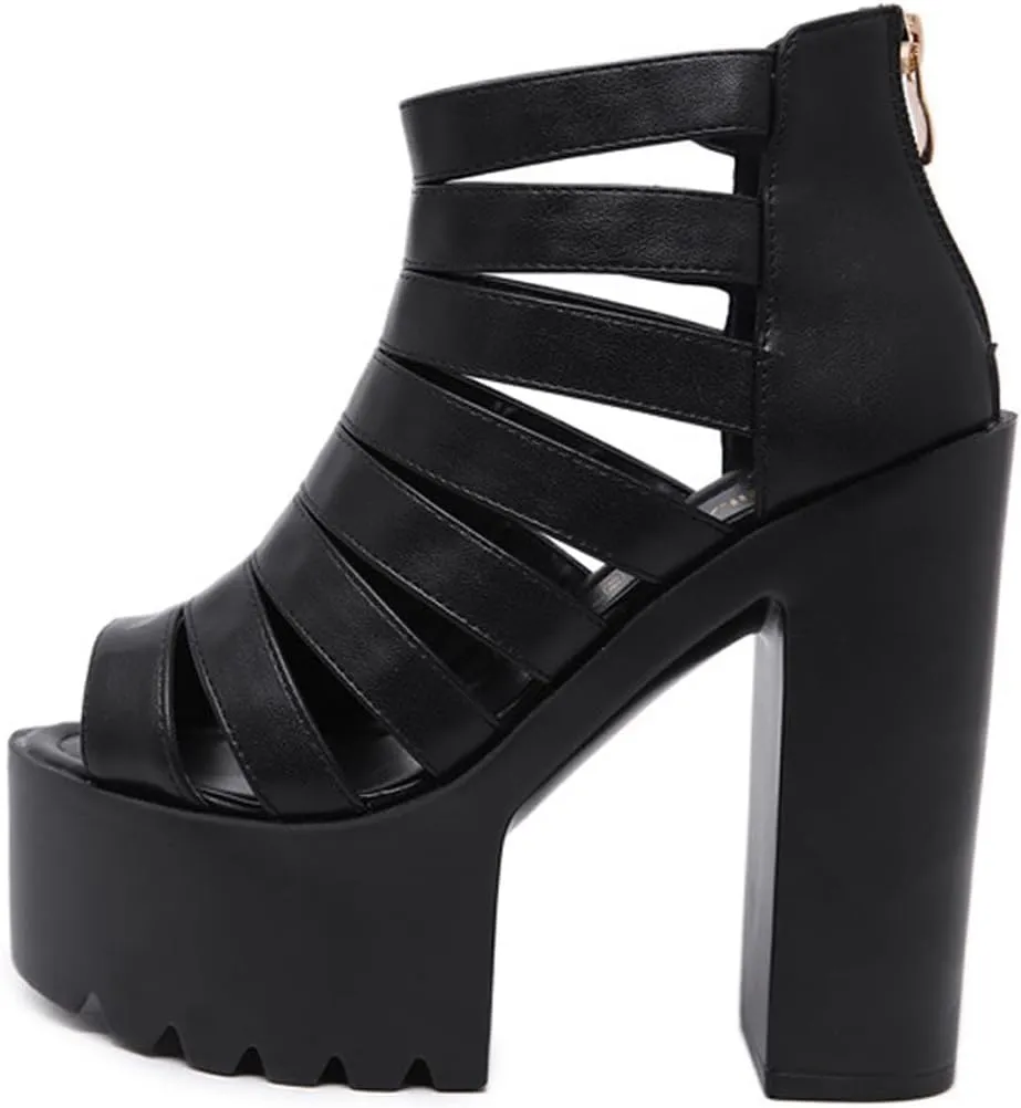 Women'S Leather Platform High Heel Gladiator Sandals Summer Fish Mouth Round Toe Back Zipper Mid Block Heel Rome Sandals For Party Beach
