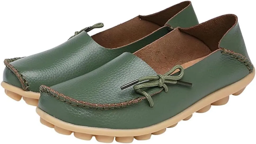Women's Leather Slip-On Shoes Flat Slipper Walking Loafers