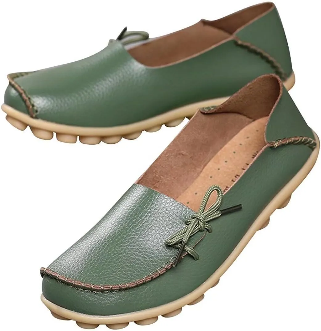 Women's Leather Slip-On Shoes Flat Slipper Walking Loafers