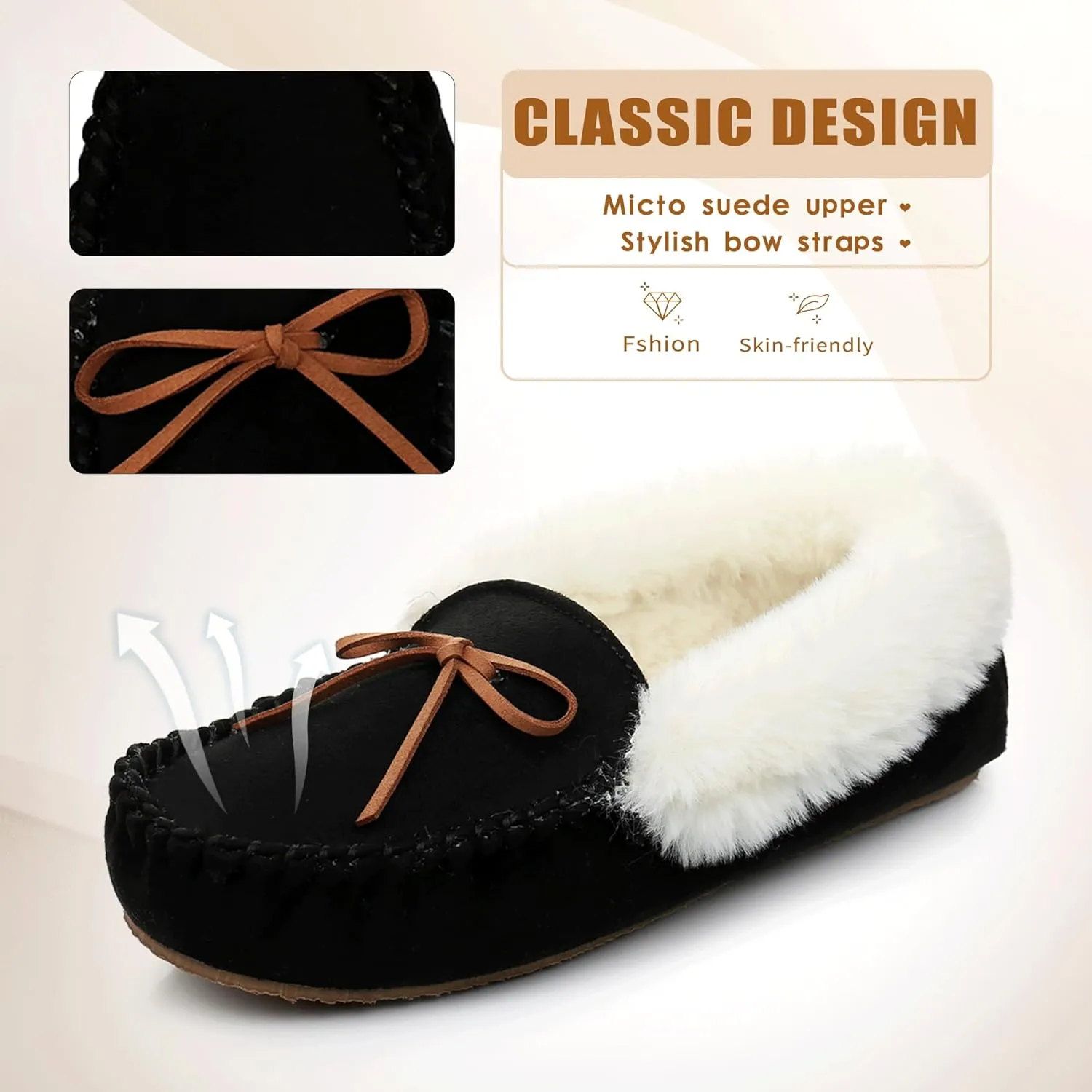 Women's Moccasin Slippers - Slip On House Slipper Warm Faux Fur lined Indoor Outdoor Shoe