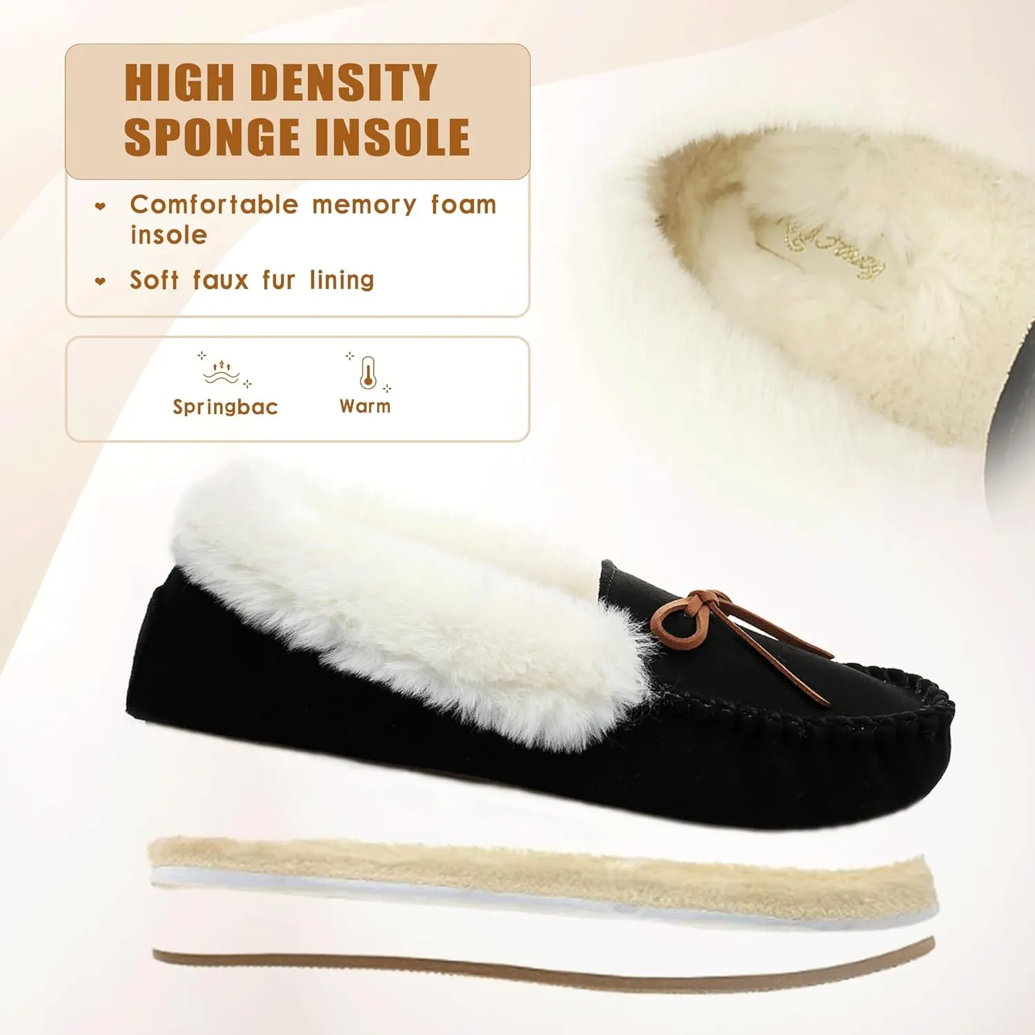 Women's Moccasin Slippers - Slip On House Slipper Warm Faux Fur lined Indoor Outdoor Shoe