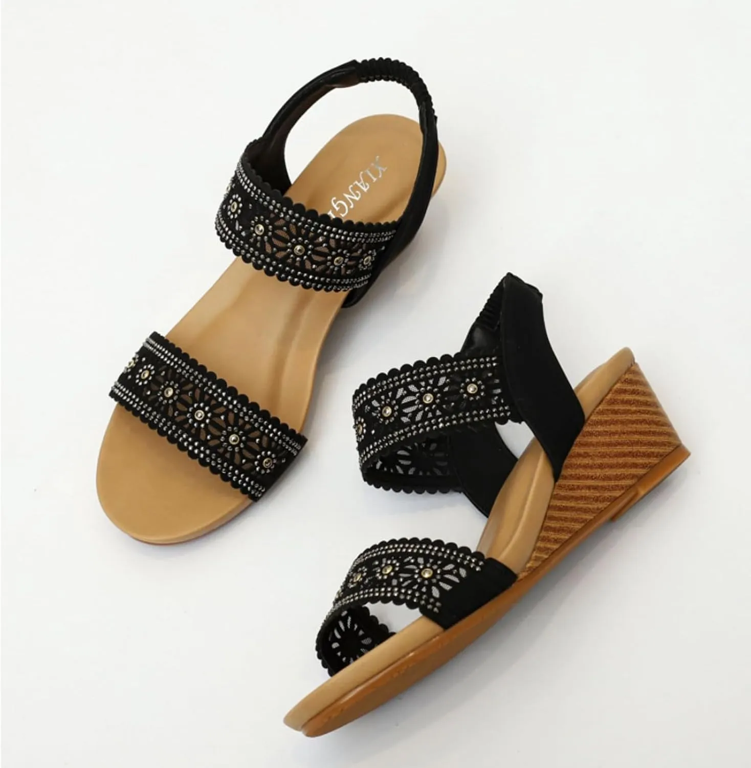 Womens Open Toe Espadrilles Dressy Low Wedge Sandals Slip on Elastic Ankle Strap Sandals, Hollow Out Breathable Low Heel Sandal Summer Casual Dress Shoes