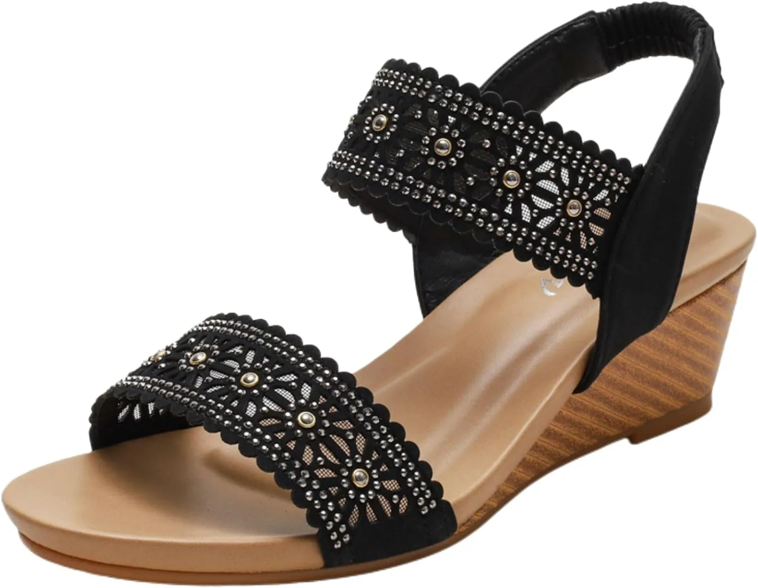 Womens Open Toe Espadrilles Dressy Low Wedge Sandals Slip on Elastic Ankle Strap Sandals, Hollow Out Breathable Low Heel Sandal Summer Casual Dress Shoes
