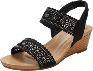 Womens Open Toe Espadrilles Dressy Low Wedge Sandals Slip on Elastic Ankle Strap Sandals, Hollow Out Breathable Low Heel Sandal Summer Casual Dress Shoes