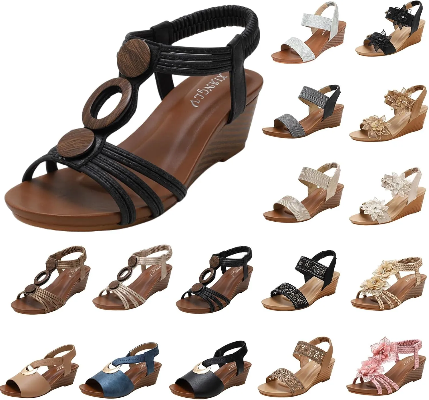 Womens Open Toe Espadrilles Dressy Low Wedge Sandals Slip on Elastic Ankle Strap Sandals, Hollow Out Breathable Low Heel Sandal Summer Casual Dress Shoes
