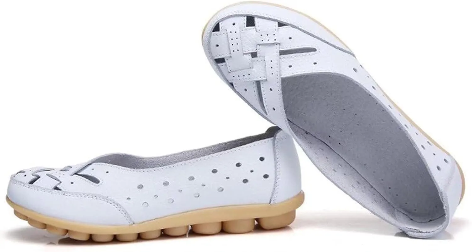Womens Orthopedic Loafers in Breathable Leather Comfortable Hollow Soft Flats Sandals Summer Casual Slip-On Shoes