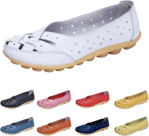 Womens Orthopedic Loafers in Breathable Leather Comfortable Hollow Soft Flats Sandals Summer Casual Slip-On Shoes