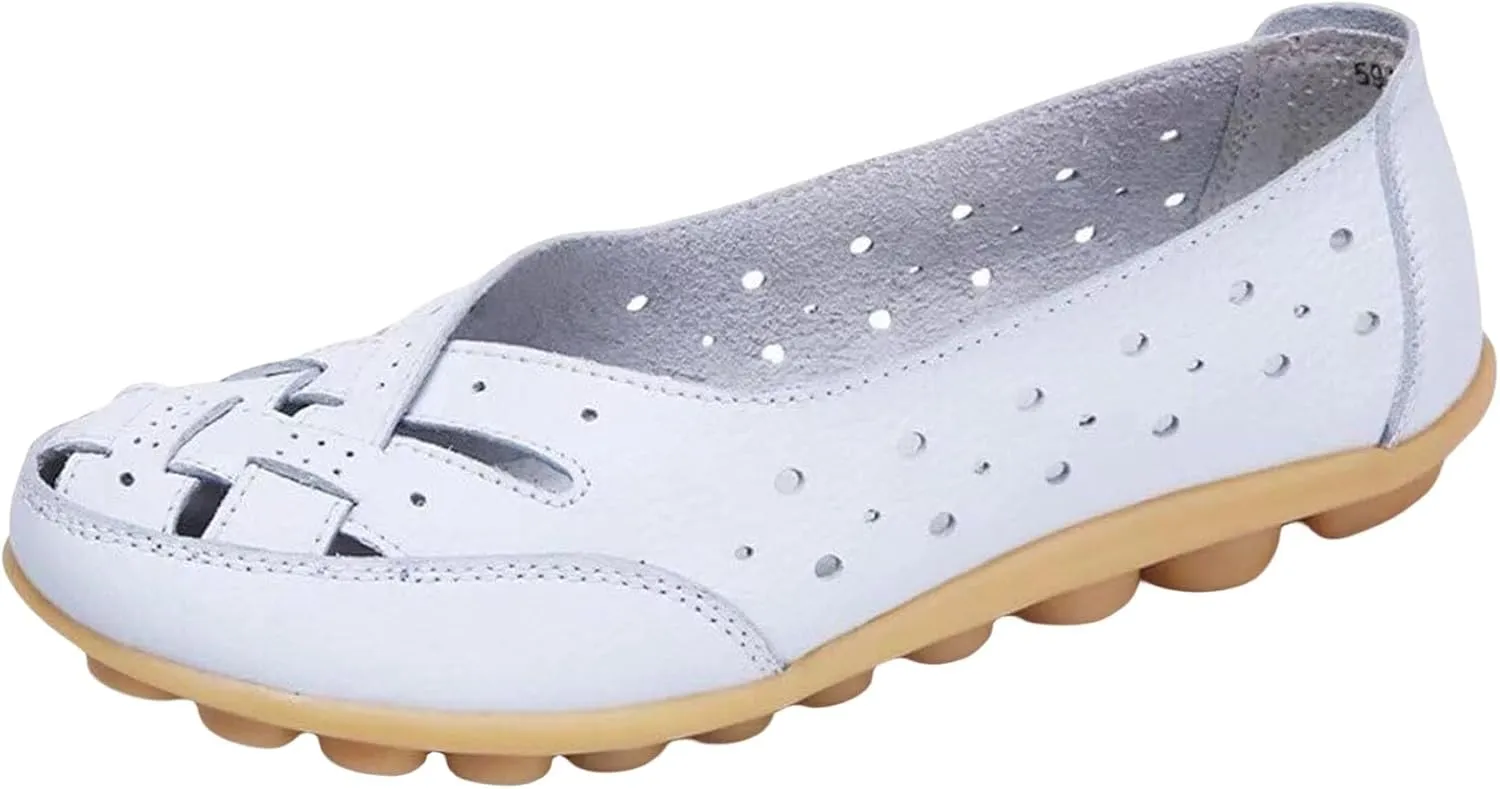 Womens Orthopedic Loafers in Breathable Leather Comfortable Hollow Soft Flats Sandals Summer Casual Slip-On Shoes