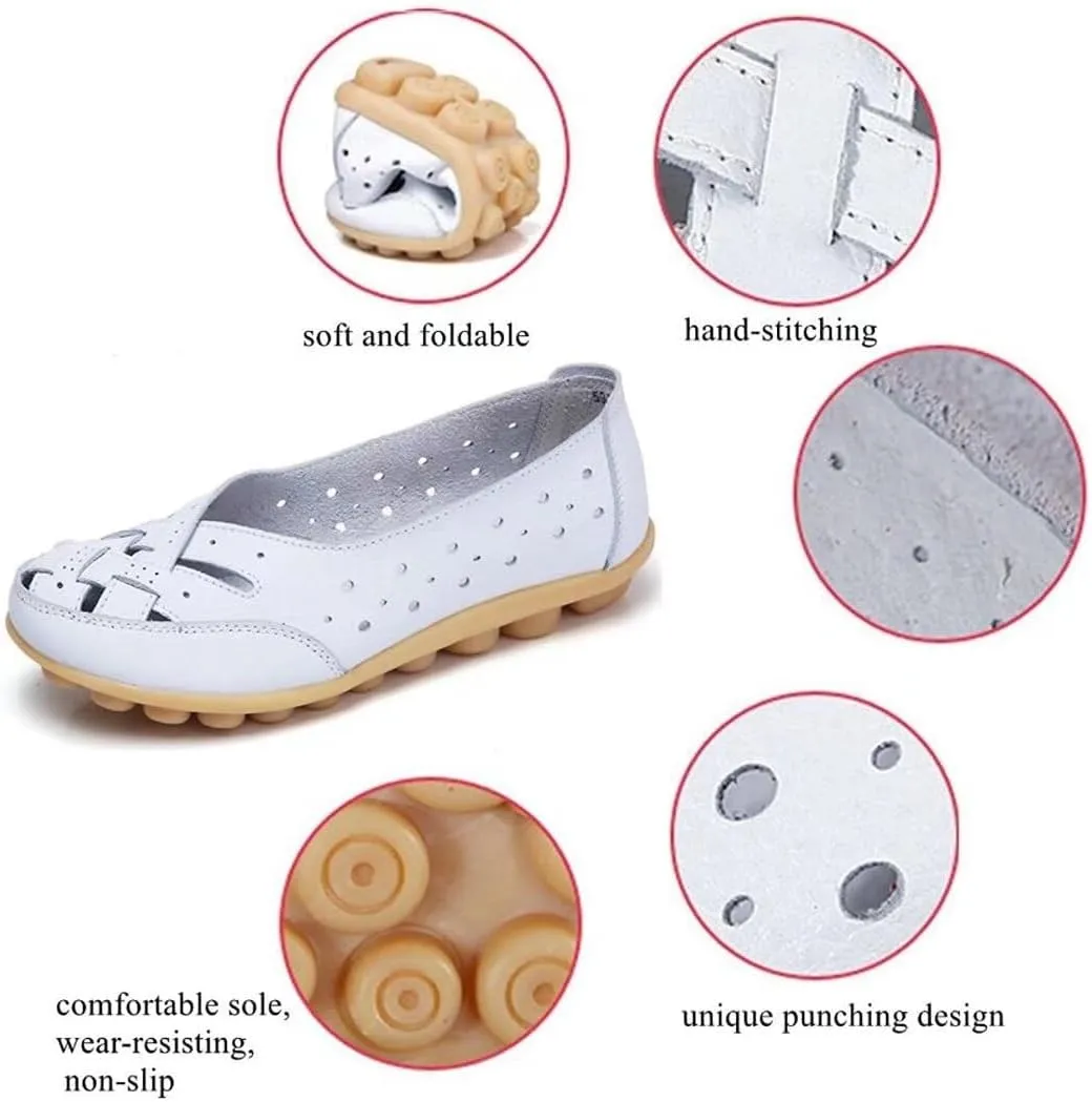 Womens Orthopedic Loafers in Breathable Leather Comfortable Hollow Soft Flats Sandals Summer Casual Slip-On Shoes