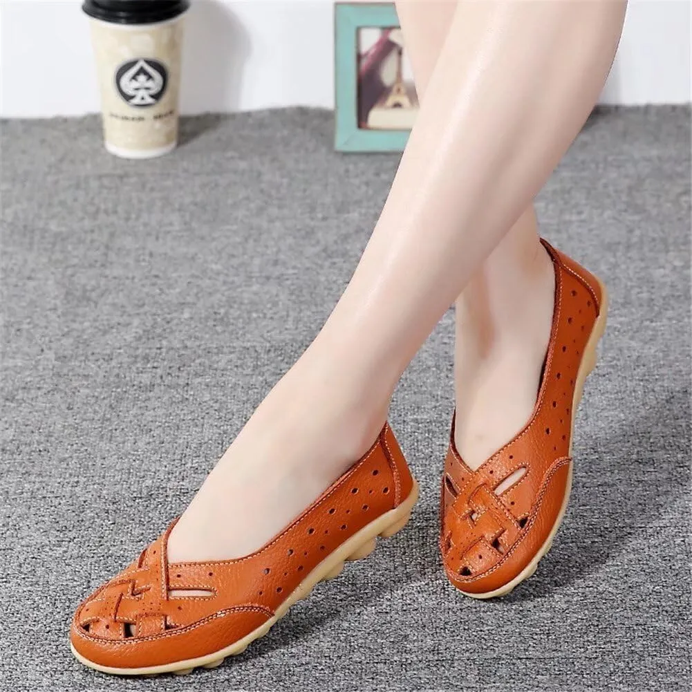 Womens Orthopedic Loafers in Breathable Leather Comfortable Hollow Soft Flats Sandals Summer Casual Slip-On Shoes