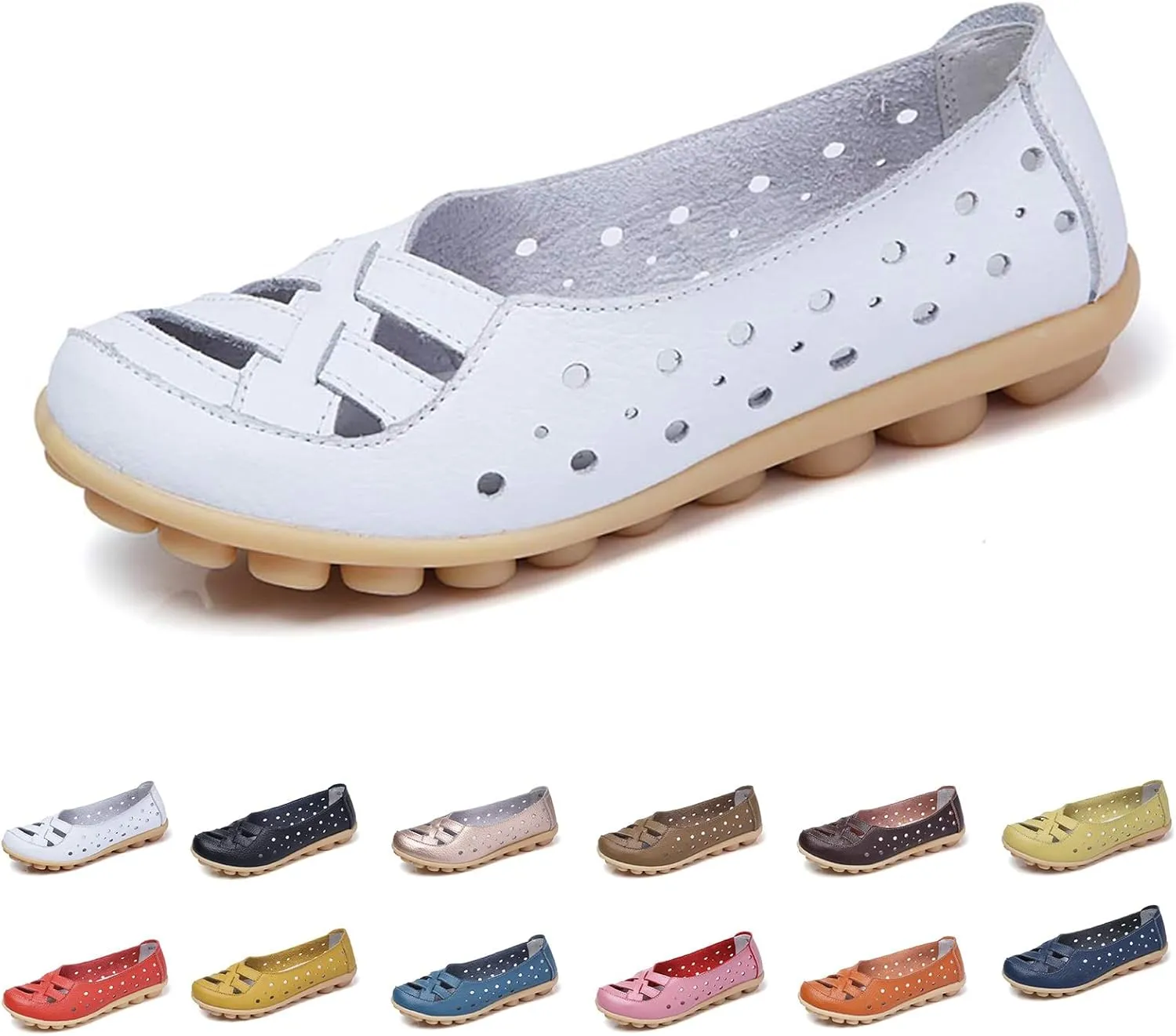 Womens Orthopedic Loafers in Breathable Leather Comfortable Hollow Soft Flats Sandals Summer Casual Slip-On Shoes