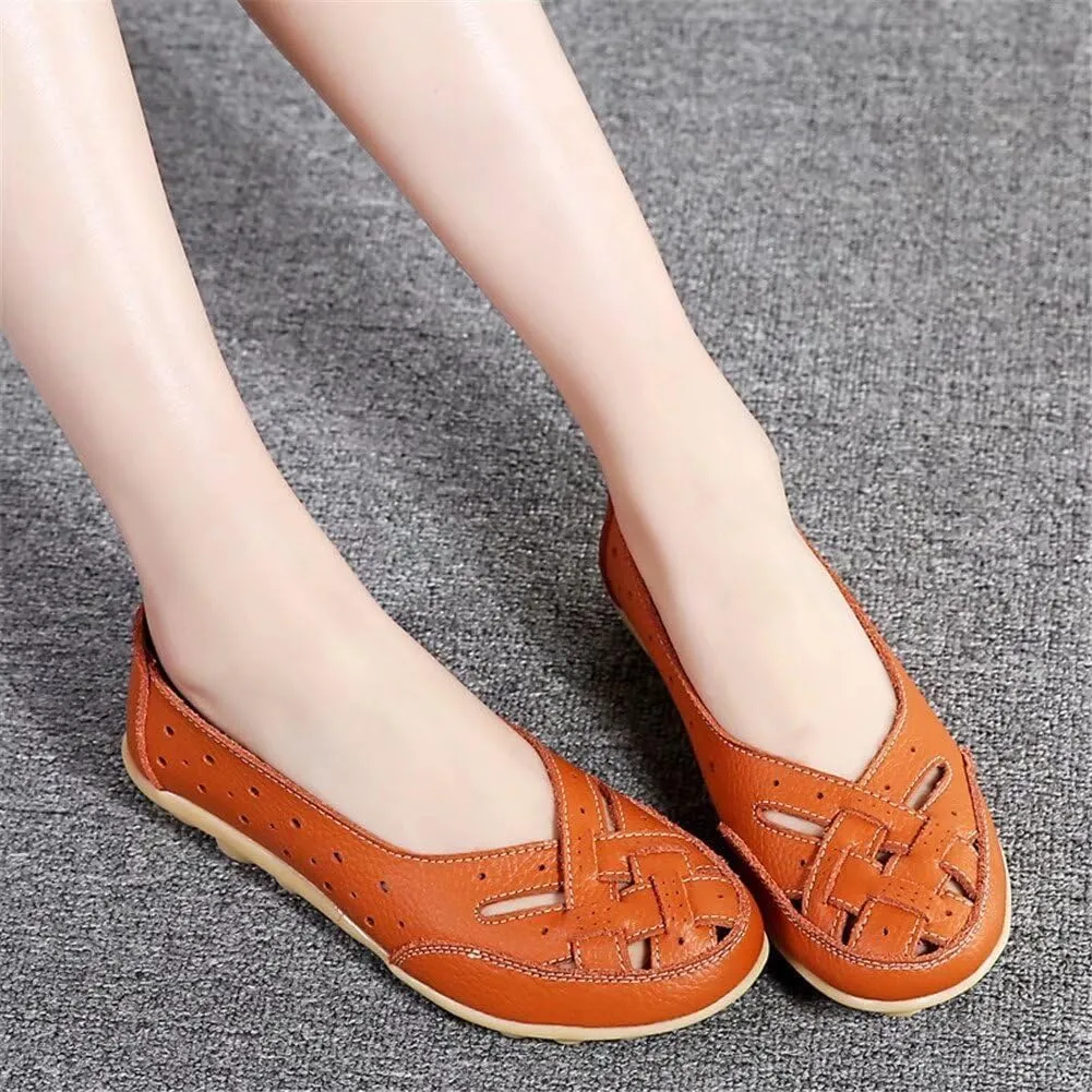Womens Orthopedic Loafers in Breathable Leather Comfortable Hollow Soft Flats Sandals Summer Casual Slip-On Shoes