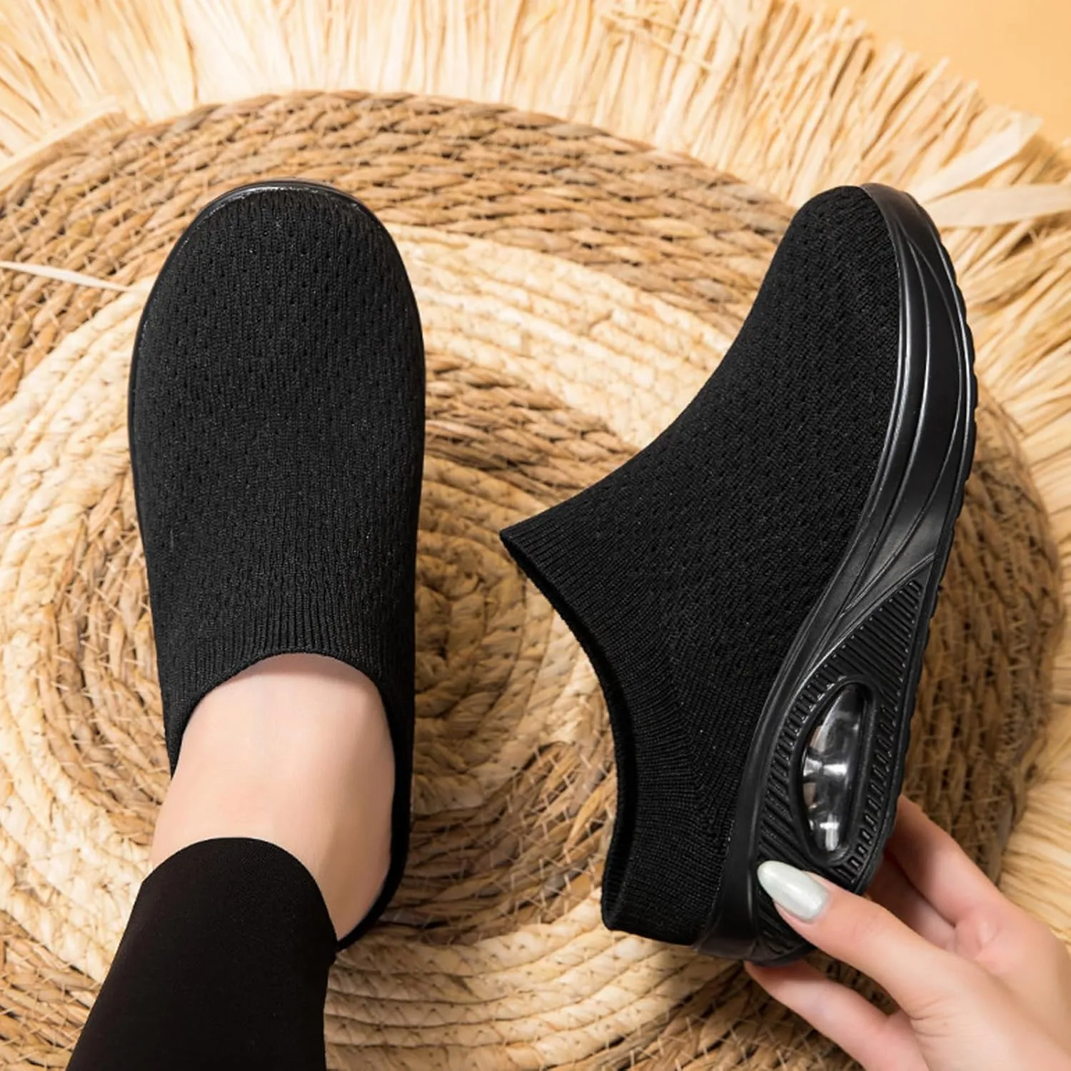 Women's Orthopedic Mule Clogs Closed Round Toe Stretch Knitted Platform Comfortable Breathable Air Cushion Walking Sliipers Open Back Wedge Heel Casual Mules Sneaker with Arch Support