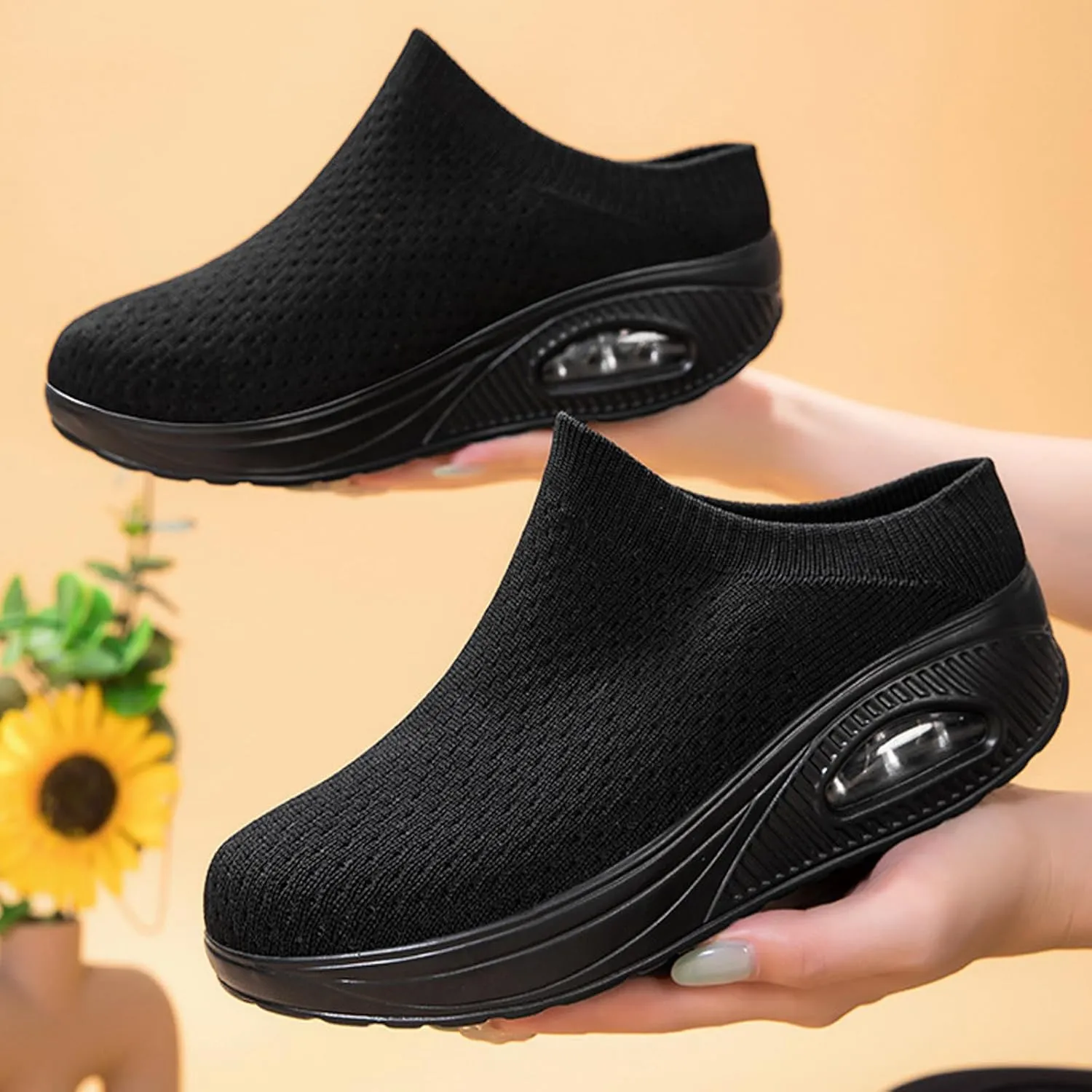 Women's Orthopedic Mule Clogs Closed Round Toe Stretch Knitted Platform Comfortable Breathable Air Cushion Walking Sliipers Open Back Wedge Heel Casual Mules Sneaker with Arch Support