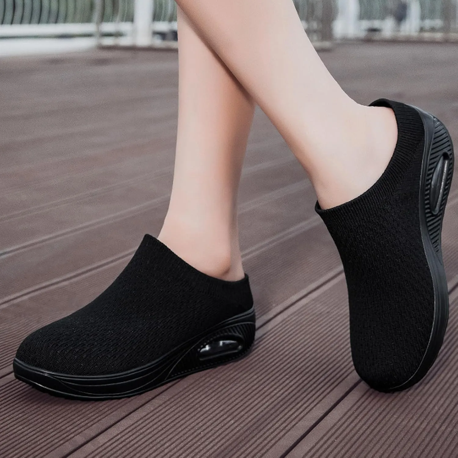 Women's Orthopedic Mule Clogs Closed Round Toe Stretch Knitted Platform Comfortable Breathable Air Cushion Walking Sliipers Open Back Wedge Heel Casual Mules Sneaker with Arch Support
