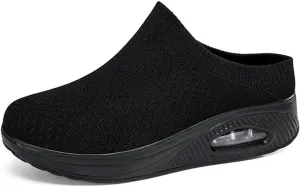 Women's Orthopedic Mule Clogs Closed Round Toe Stretch Knitted Platform Comfortable Breathable Air Cushion Walking Sliipers Open Back Wedge Heel Casual Mules Sneaker with Arch Support