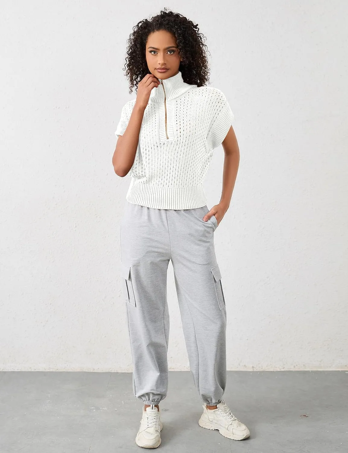 Womens Oversized Crochet Sweater Quarter Zip Cap Sleeve Tops Lightweight Hollow Out Spring Sweater Pullover Tops