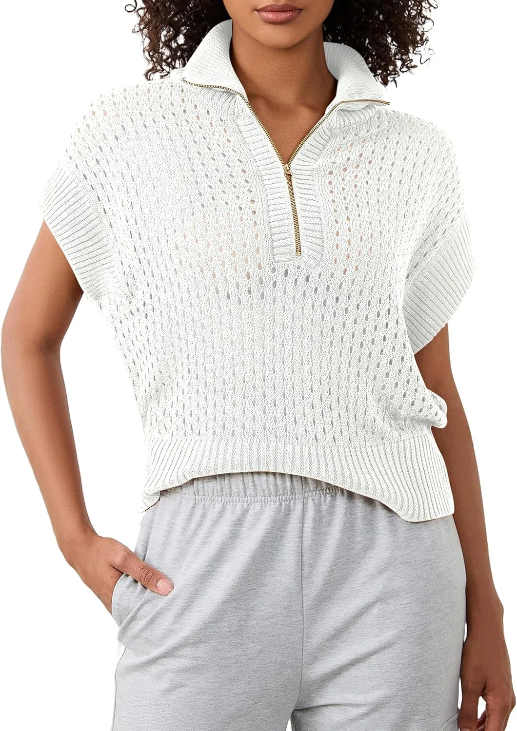 Womens Oversized Crochet Sweater Quarter Zip Cap Sleeve Tops Lightweight Hollow Out Spring Sweater Pullover Tops