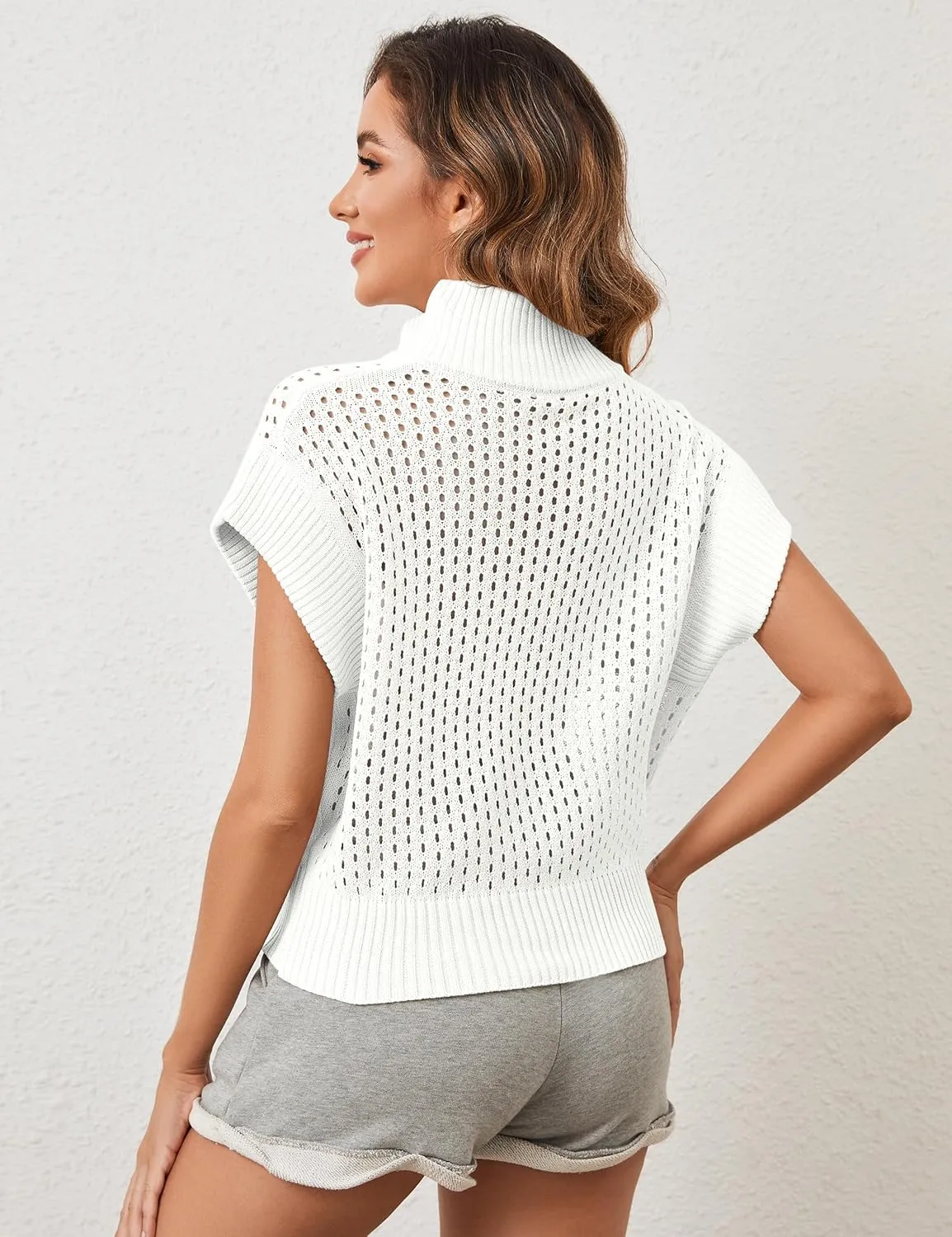 Womens Oversized Crochet Sweater Quarter Zip Cap Sleeve Tops Lightweight Hollow Out Spring Sweater Pullover Tops
