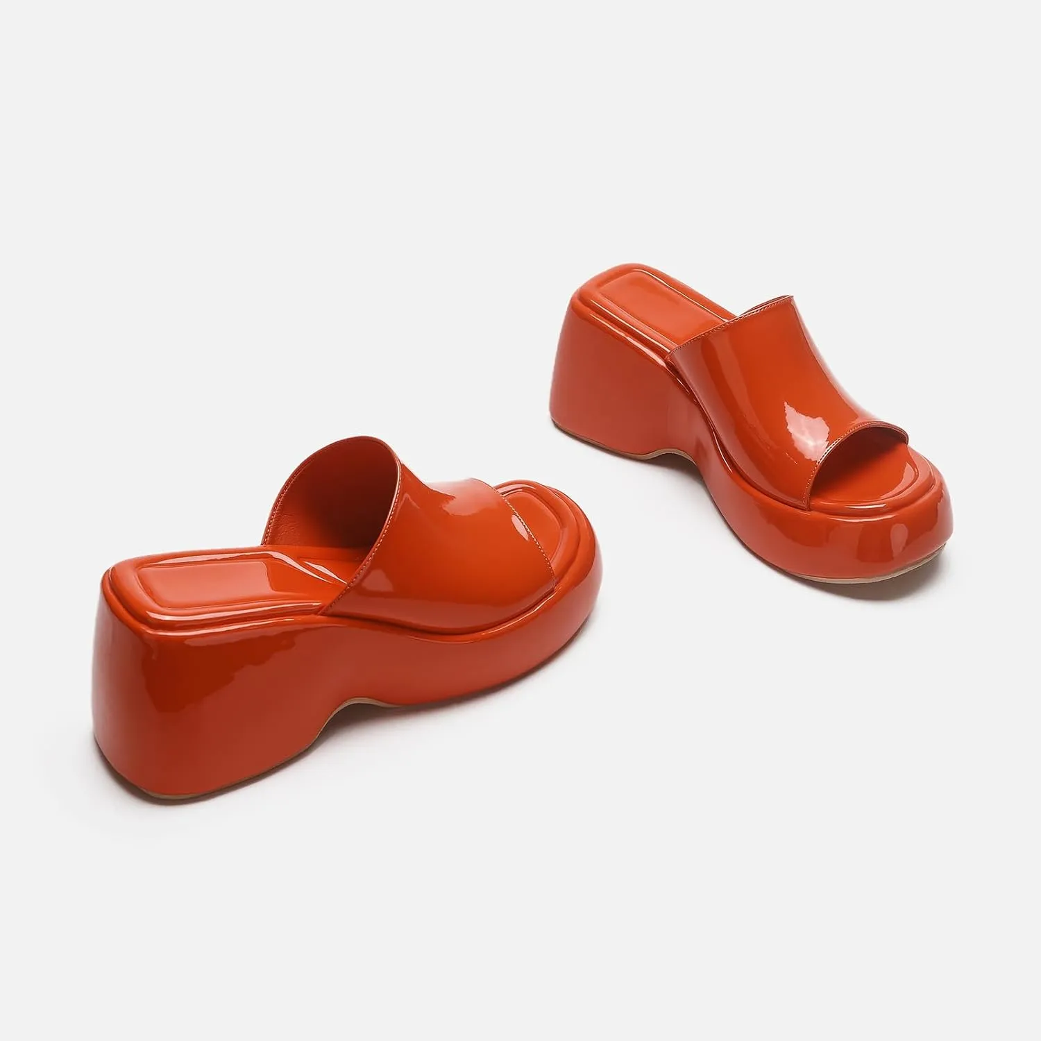 Women's Patent Leather Platform Wedge Sandals with Memory Foam Fish Mouth Open Toe Slip-On Height Increase Non-Slip Slides Sandals for Daily Casual Walking Beach