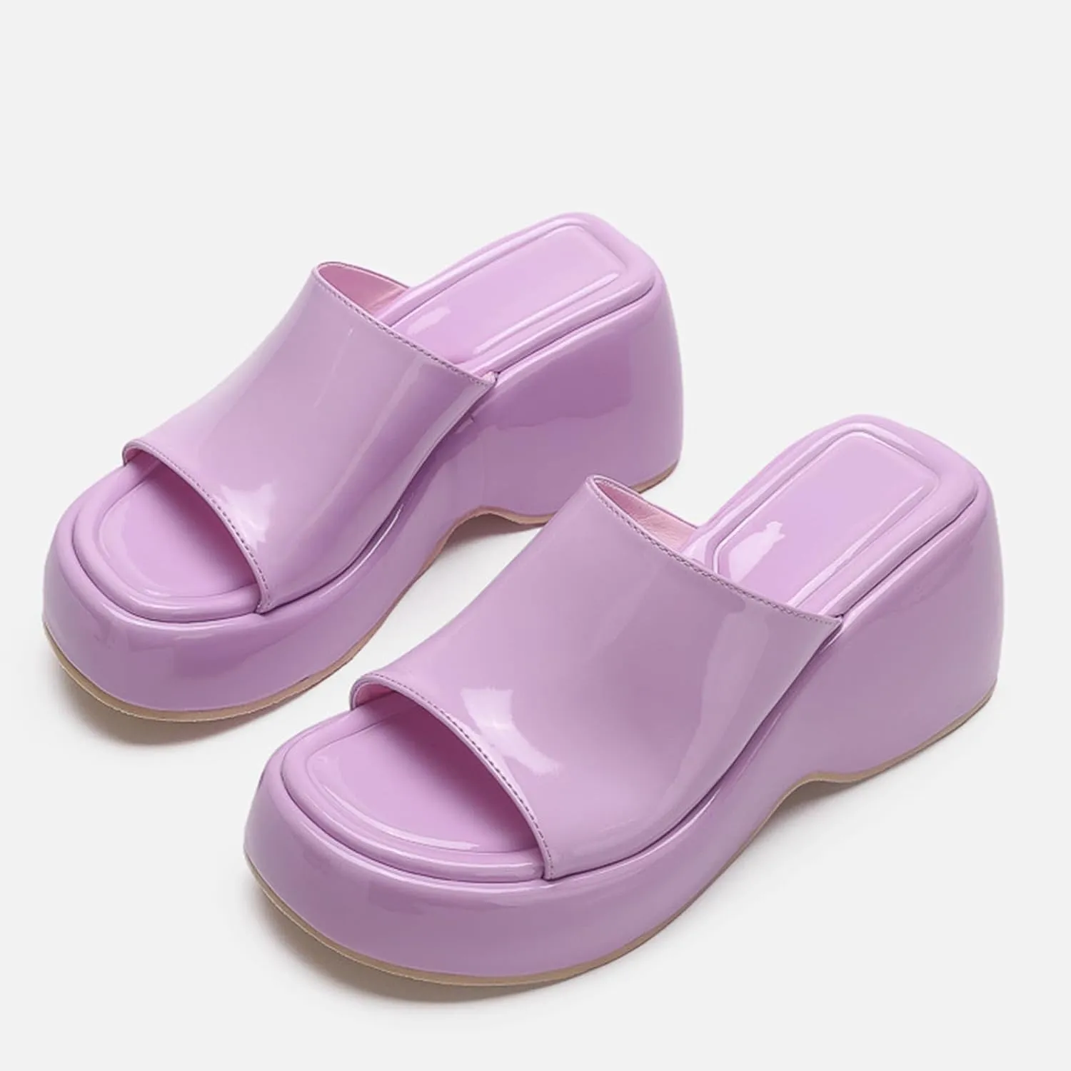 Women's Patent Leather Platform Wedge Sandals with Memory Foam Fish Mouth Open Toe Slip-On Height Increase Non-Slip Slides Sandals for Daily Casual Walking Beach