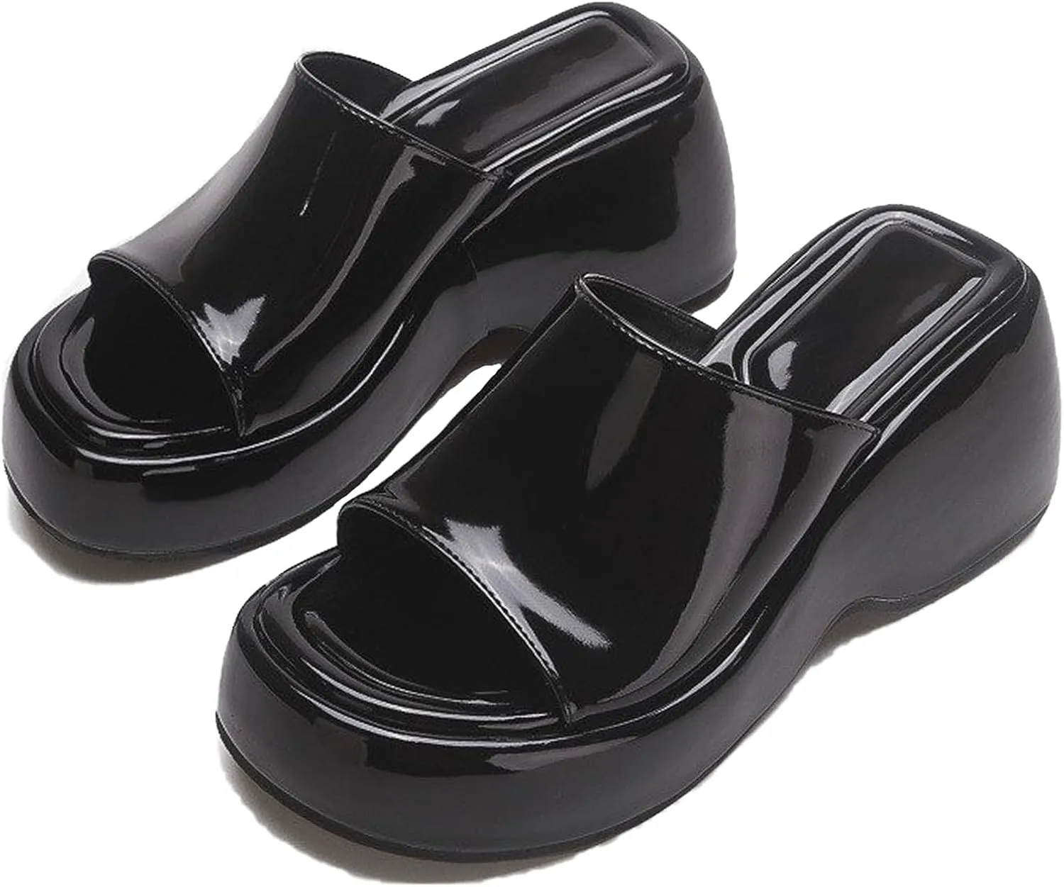 Women's Patent Leather Platform Wedge Sandals with Memory Foam Fish Mouth Open Toe Slip-On Height Increase Non-Slip Slides Sandals for Daily Casual Walking Beach