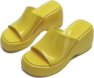 Women's Patent Leather Platform Wedge Sandals with Memory Foam Fish Mouth Open Toe Slip-On Height Increase Non-Slip Slides Sandals for Daily Casual Walking Beach