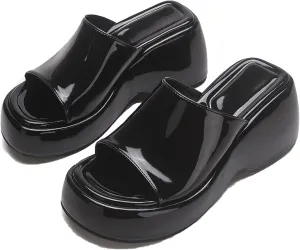 Women's Patent Leather Platform Wedge Sandals with Memory Foam Fish Mouth Open Toe Slip-On Height Increase Non-Slip Slides Sandals for Daily Casual Walking Beach
