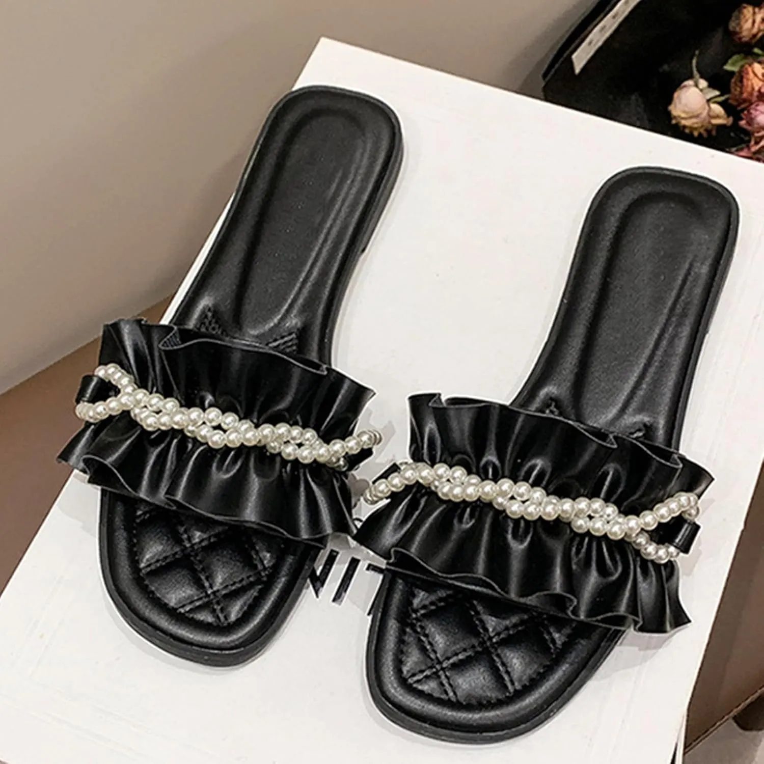 Women's Pearl Ruffled Square Open Toe Slides Sandals Fashionable Soft Flats Memory Foam Slip On Anti-Slip Dress Wedding Slippers