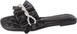Women's Pearl Ruffled Square Open Toe Slides Sandals Fashionable Soft Flats Memory Foam Slip On Anti-Slip Dress Wedding Slippers