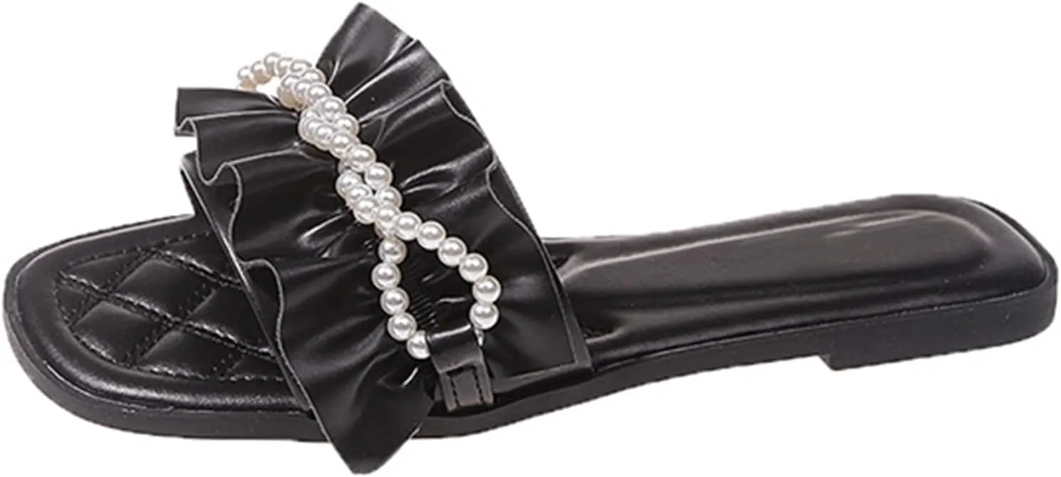Women's Pearl Ruffled Square Open Toe Slides Sandals Fashionable Soft Flats Memory Foam Slip On Anti-Slip Dress Wedding Slippers