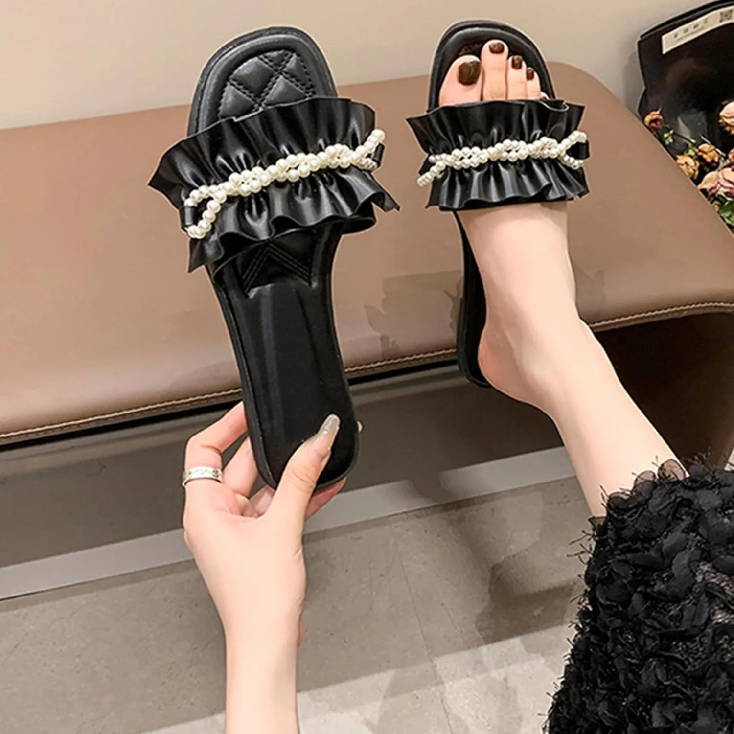 Women's Pearl Ruffled Square Open Toe Slides Sandals Fashionable Soft Flats Memory Foam Slip On Anti-Slip Dress Wedding Slippers