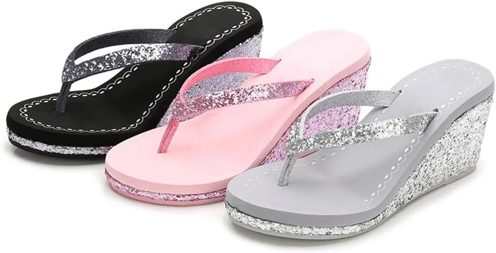 Women's Platform Flip Flops Rhinestone Sandals Wedge Slipper For Summer