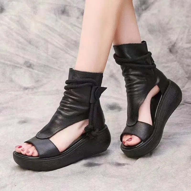 Women's Platform Outdoor Sandal Boots Wedge Bottom Fashion High Top Sandals Open Toe Boot Sandals for Women (Black,6.5-7)