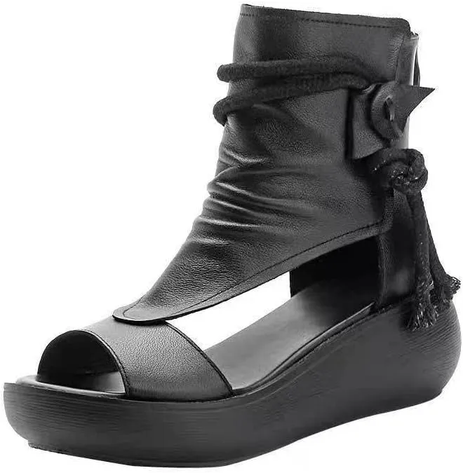 Women's Platform Outdoor Sandal Boots Wedge Bottom Fashion High Top Sandals Open Toe Boot Sandals for Women (Black,6.5-7)