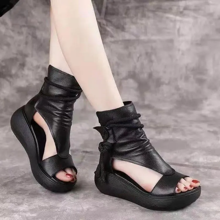 Women's Platform Outdoor Sandal Boots Wedge Bottom Fashion High Top Sandals Open Toe Boot Sandals for Women (Black,6.5-7)