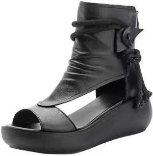 Women's Platform Outdoor Sandal Boots Wedge Bottom Fashion High Top Sandals Open Toe Boot Sandals for Women (Black,6.5-7)