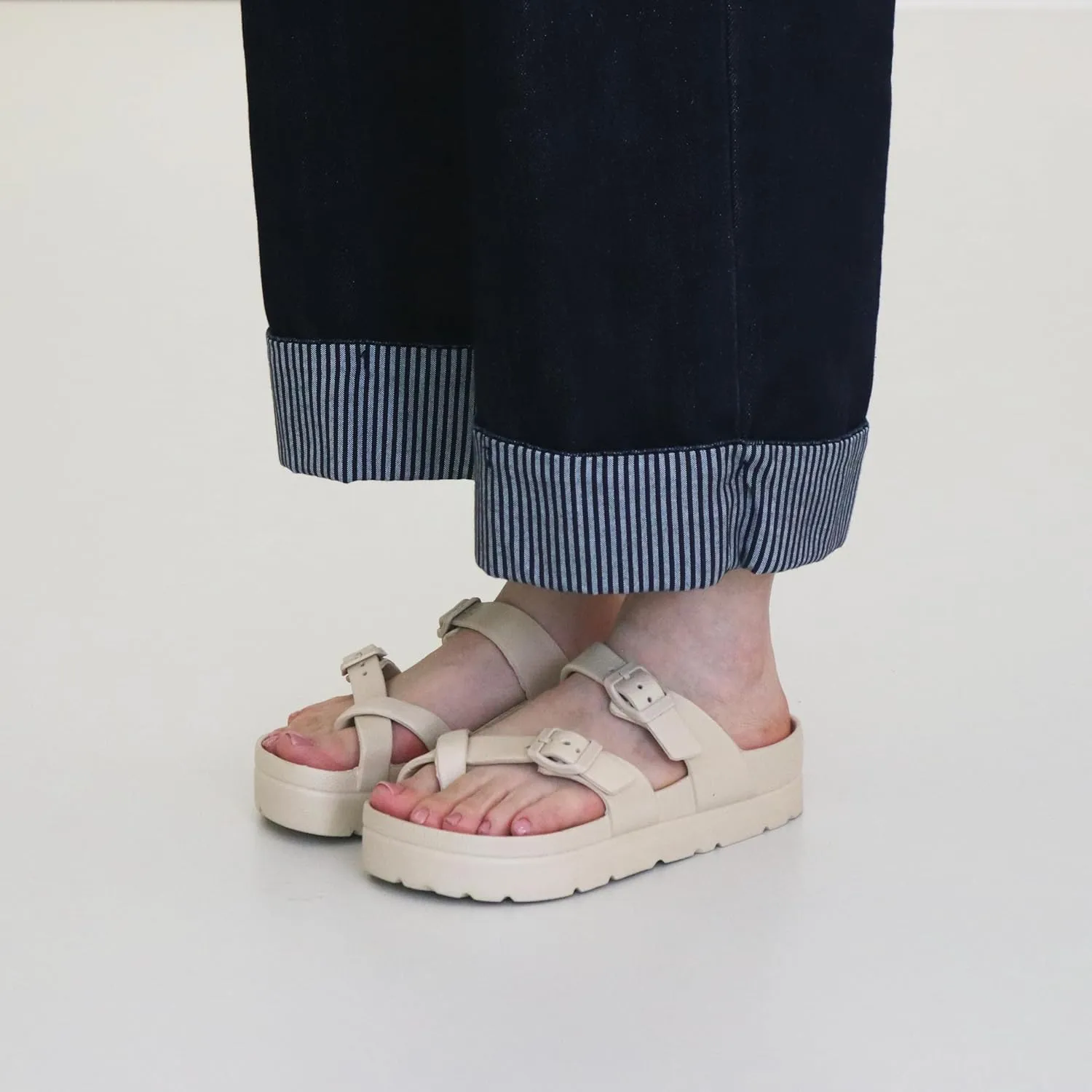 Women's Platform Sandals with Arch Support, Comfort Slides Adjustable Slip On Flat Sandals for Summer Ultra Cushion & Thick Soles