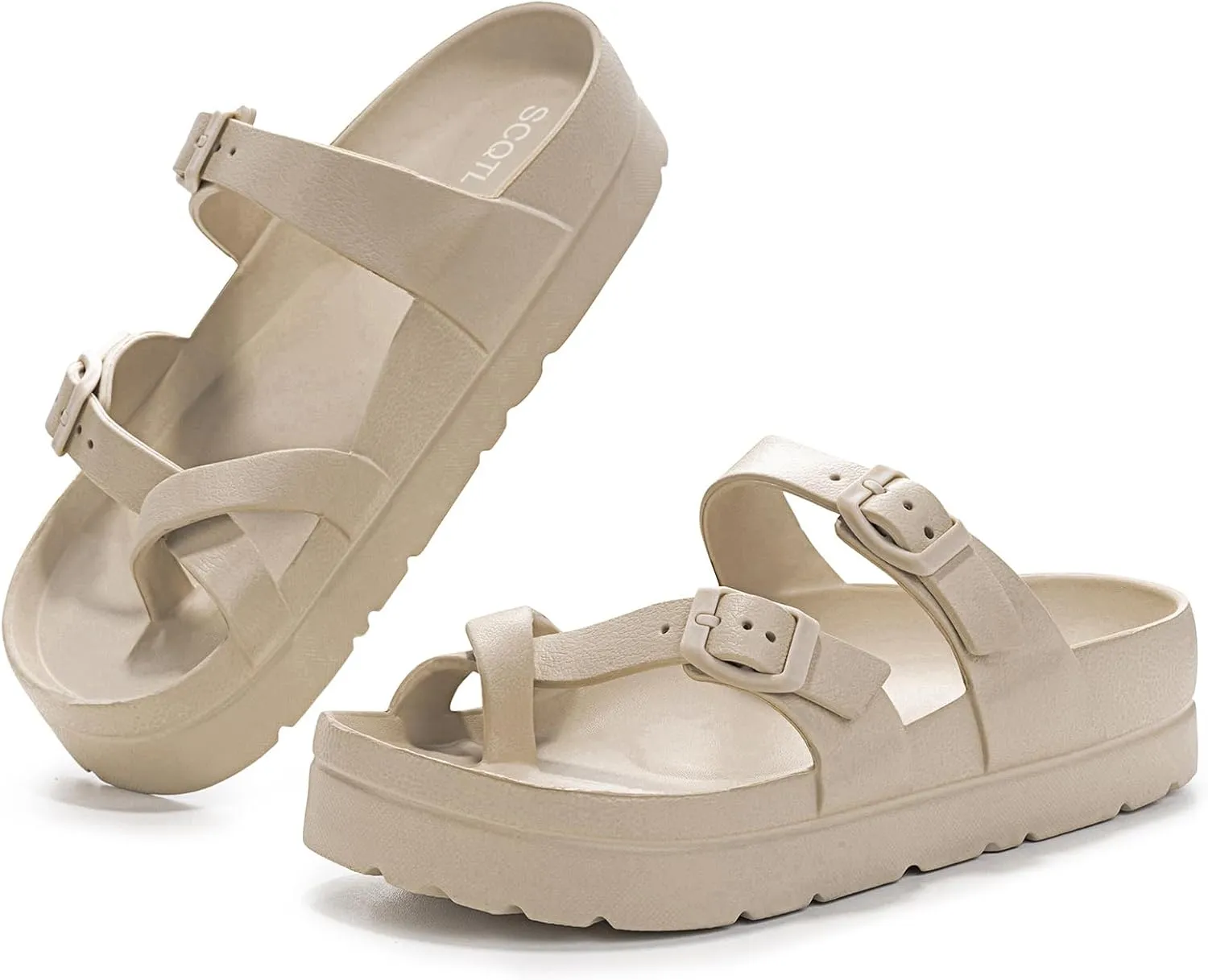 Women's Platform Sandals with Arch Support, Comfort Slides Adjustable Slip On Flat Sandals for Summer Ultra Cushion & Thick Soles