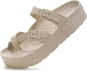 Women's Platform Sandals with Arch Support, Comfort Slides Adjustable Slip On Flat Sandals for Summer Ultra Cushion & Thick Soles