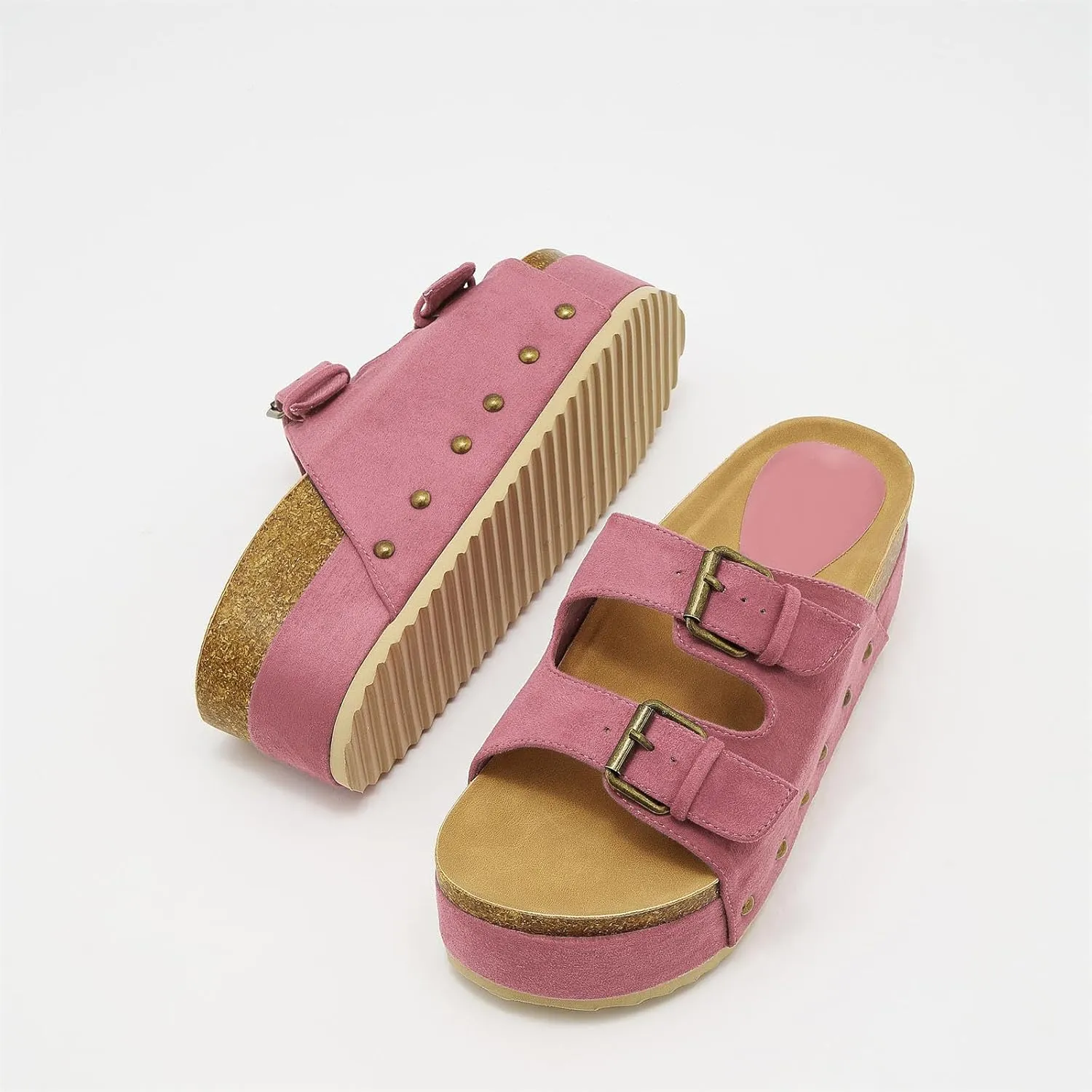 Women's Platform Slide Sandals Comfortable Cork Footbed Studded Clogs Adjustable Buckle Straps Open Toe Flatform Sandal Summer Slipper