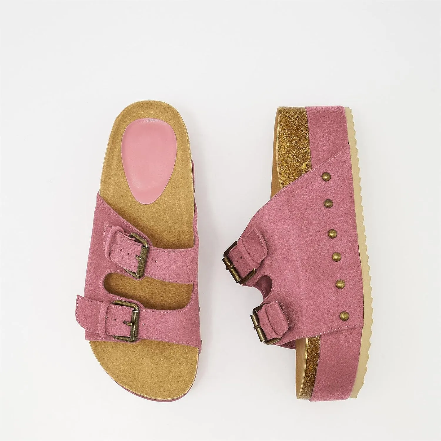 Women's Platform Slide Sandals Comfortable Cork Footbed Studded Clogs Adjustable Buckle Straps Open Toe Flatform Sandal Summer Slipper