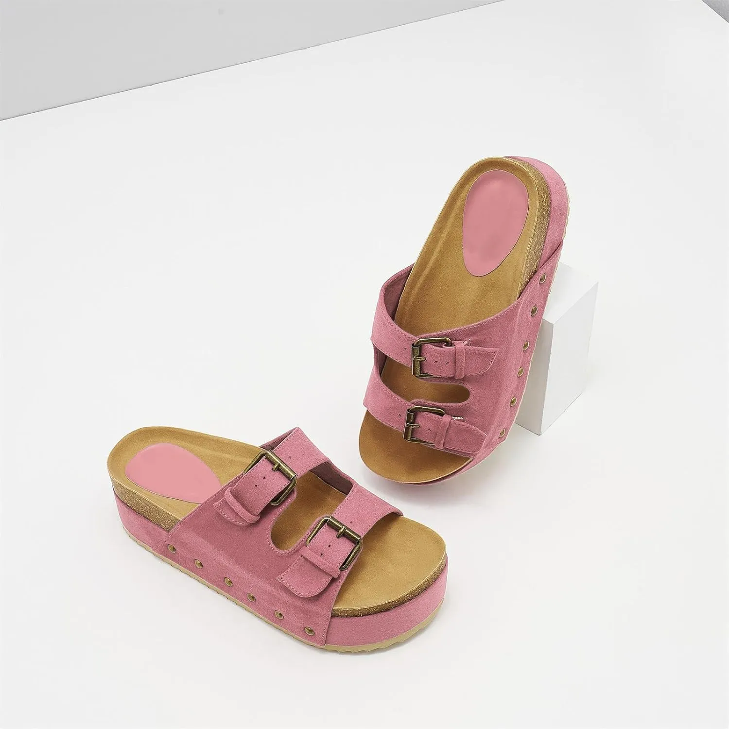 Women's Platform Slide Sandals Comfortable Cork Footbed Studded Clogs Adjustable Buckle Straps Open Toe Flatform Sandal Summer Slipper