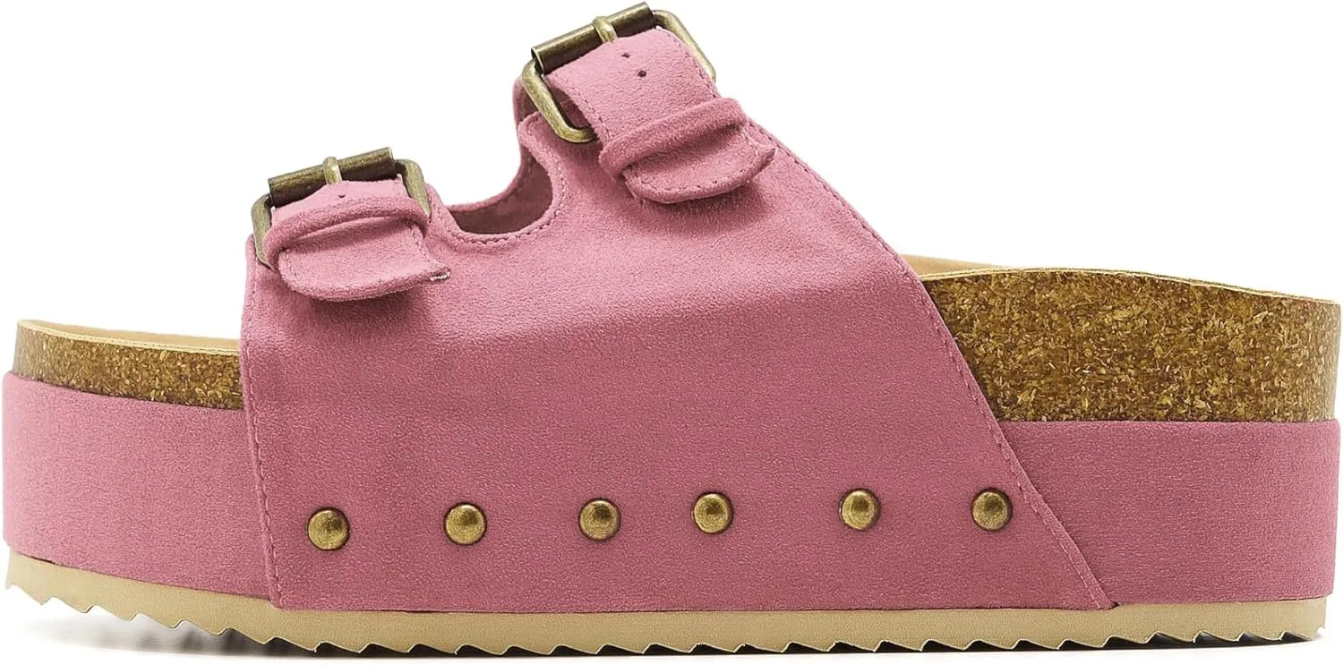 Women's Platform Slide Sandals Comfortable Cork Footbed Studded Clogs Adjustable Buckle Straps Open Toe Flatform Sandal Summer Slipper