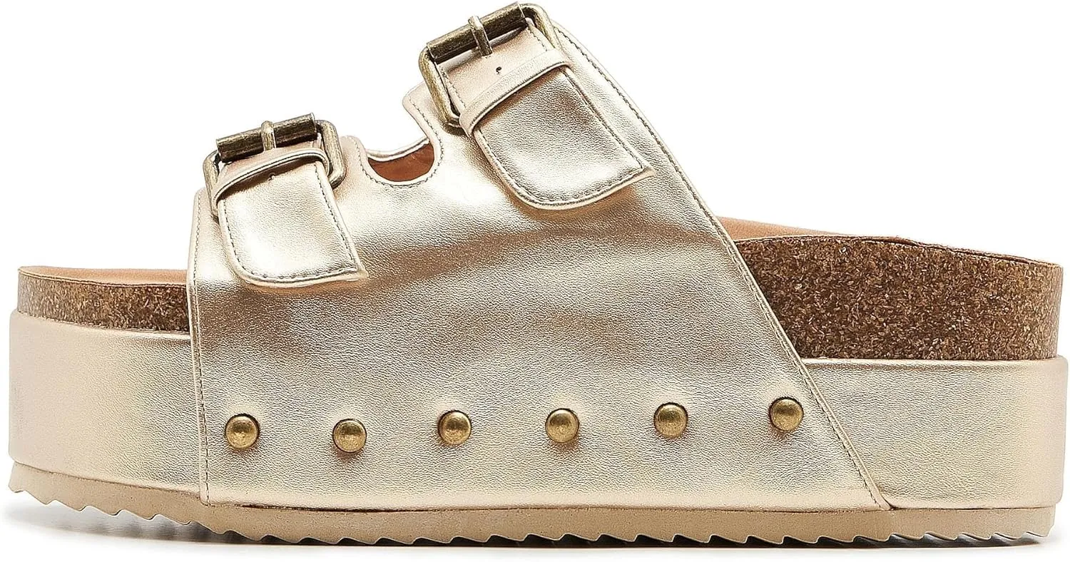 Women's Platform Slide Sandals Comfortable Cork Footbed Studded Clogs Adjustable Buckle Straps Open Toe Flatform Sandal Summer Slipper