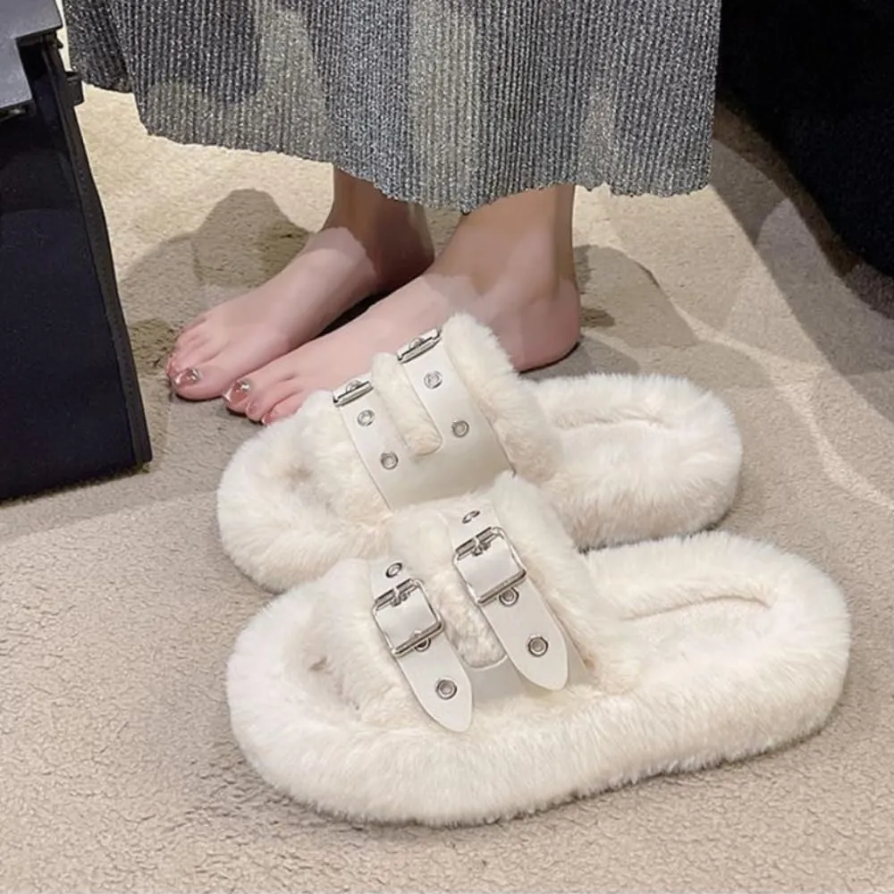 Women's Plush Slippers Warm Cozy Fluffy Soft Bottom Buckle Open Toe Fuzzy Indoor Home Slipper